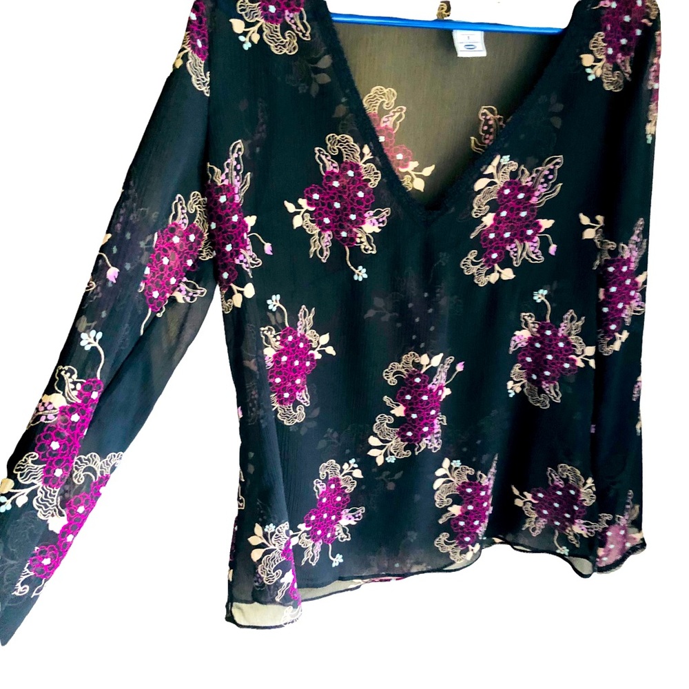 Sheer Black Floral Maternity Blouse. Lace Detailing at Neckline. Maternity. S